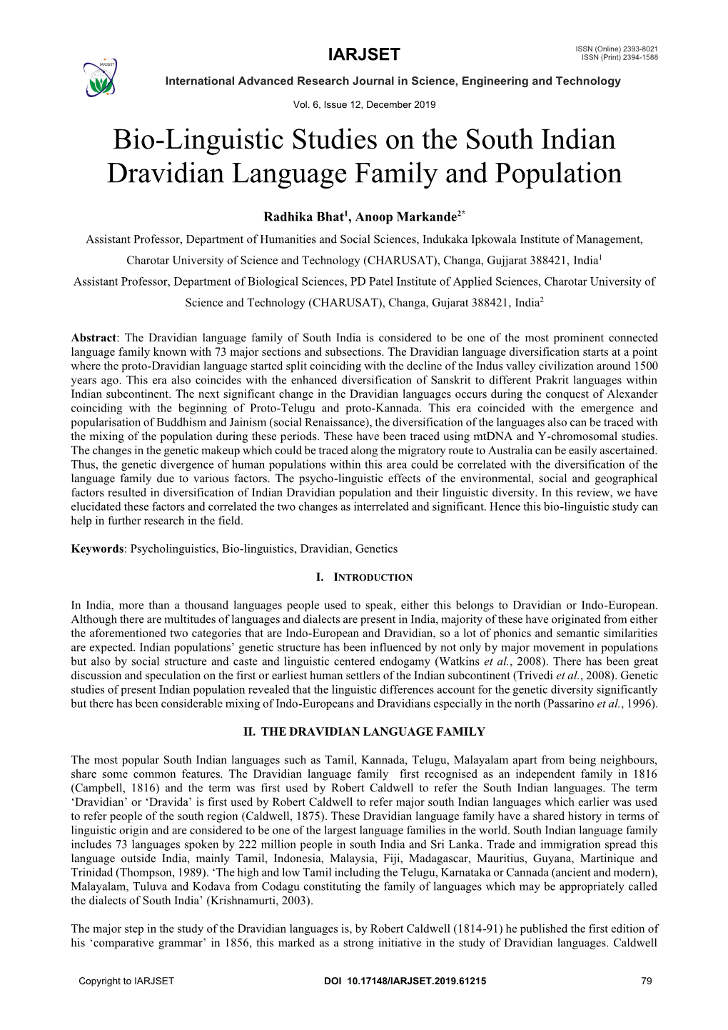 Bio-Linguistic Studies on the South Indian Dravidian Language Family