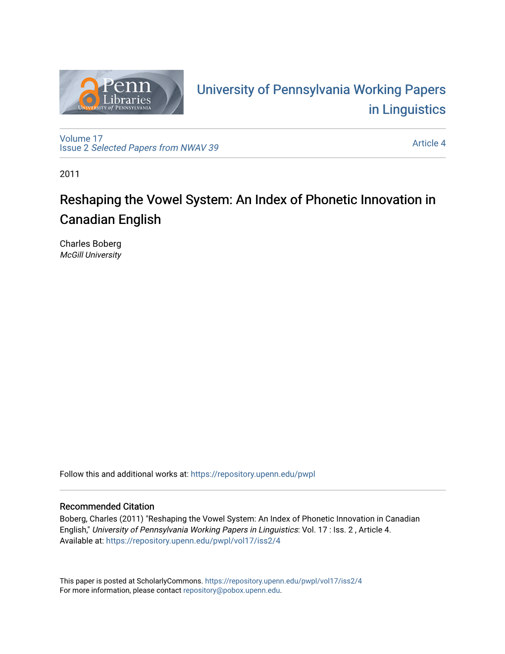 Reshaping the Vowel System: an Index of Phonetic Innovation in Canadian English