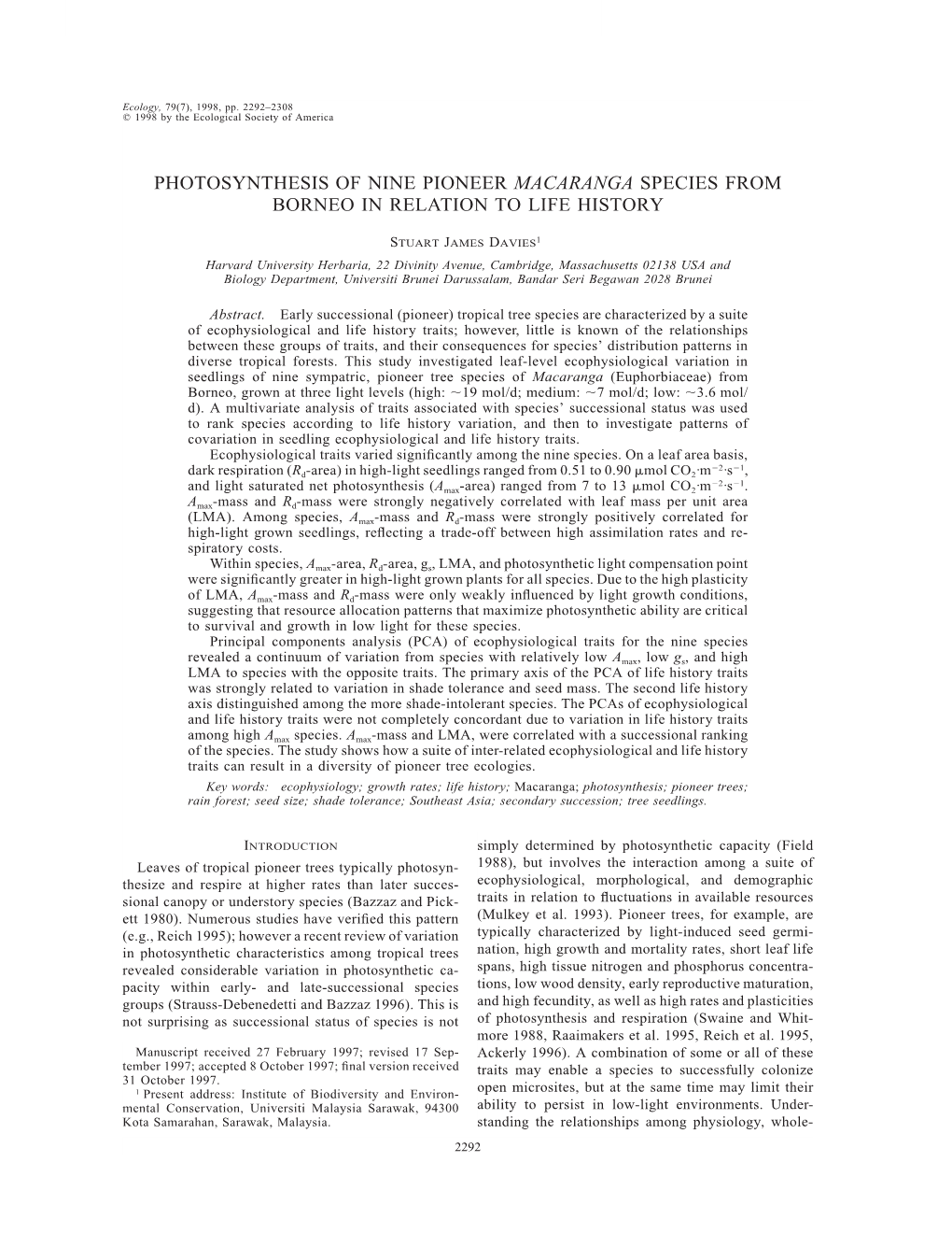 Photosynthesis of Nine Pioneer Macaranga Species from Borneo in Relation to Life History