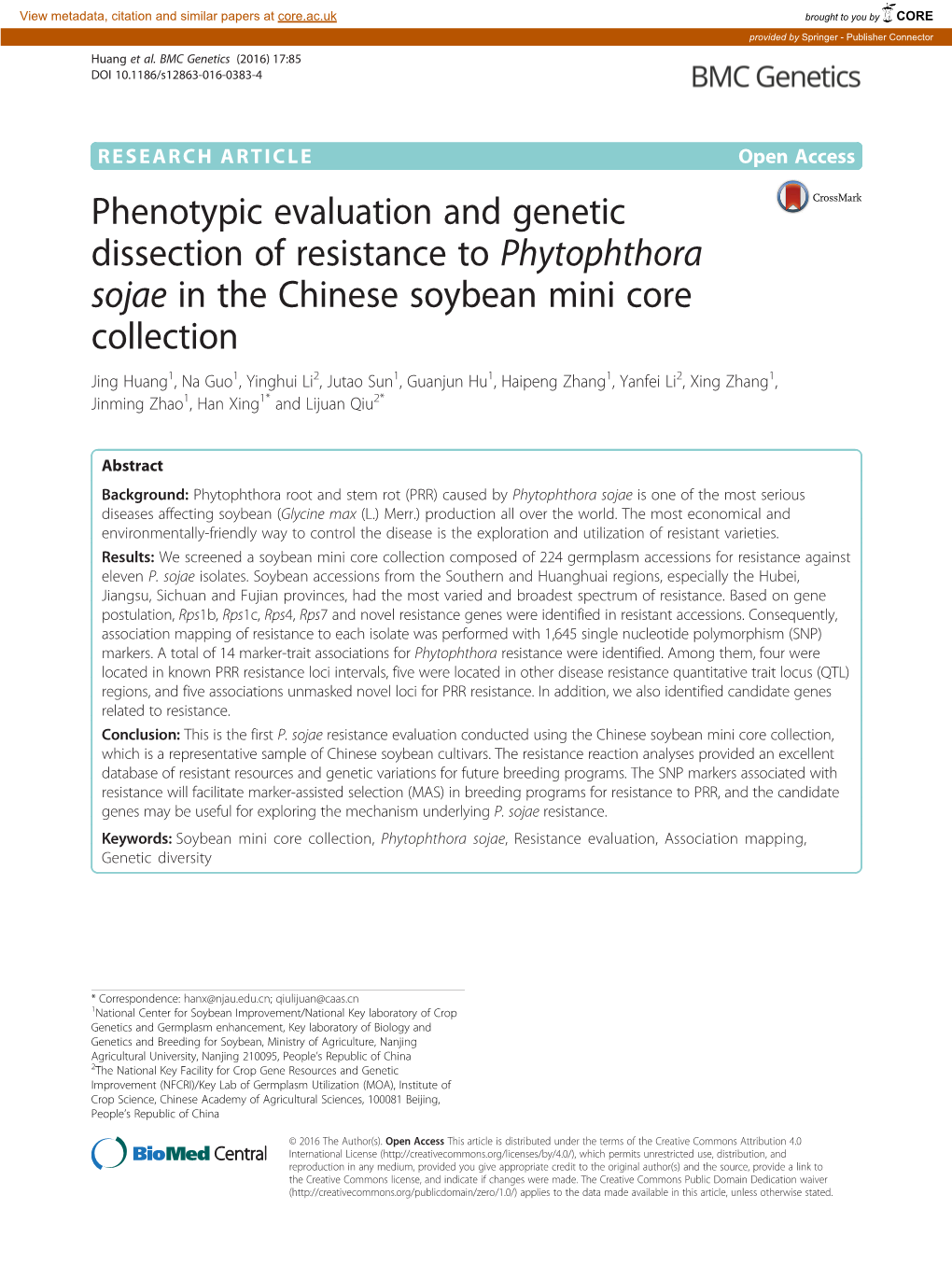 Phenotypic Evaluation and Genetic Dissection of Resistance To