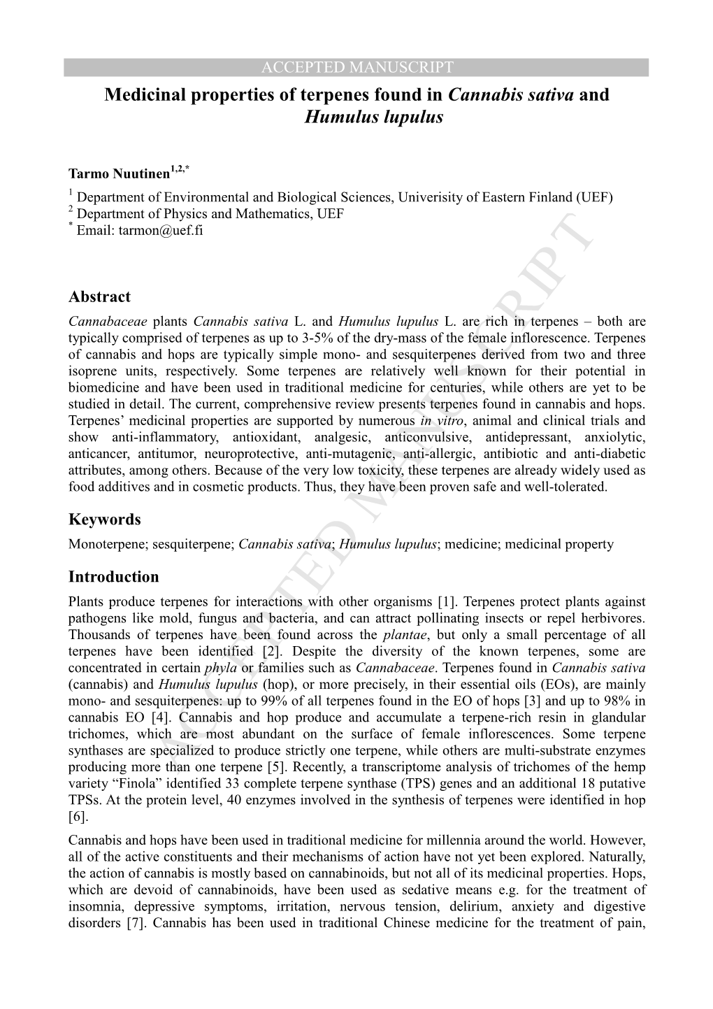 Medicinal Properties of Terpenes Found in Cannabis Sativa and Humulus Lupulus