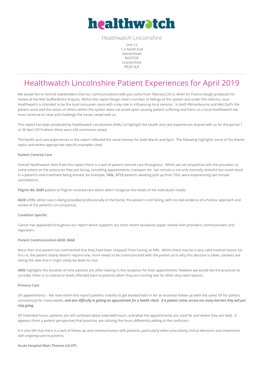Healthwatch Lincolnshire Patient Experiences for April 2019