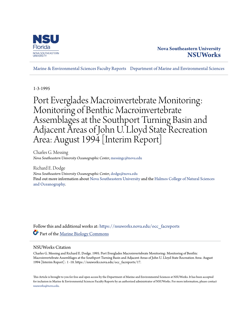 Port Everglades Macroinvertebrate Monitoring: Monitoring of Benthic Macroinvertebrate Assemblages at the Southport Turning Basin and Adjacent Areas of John U