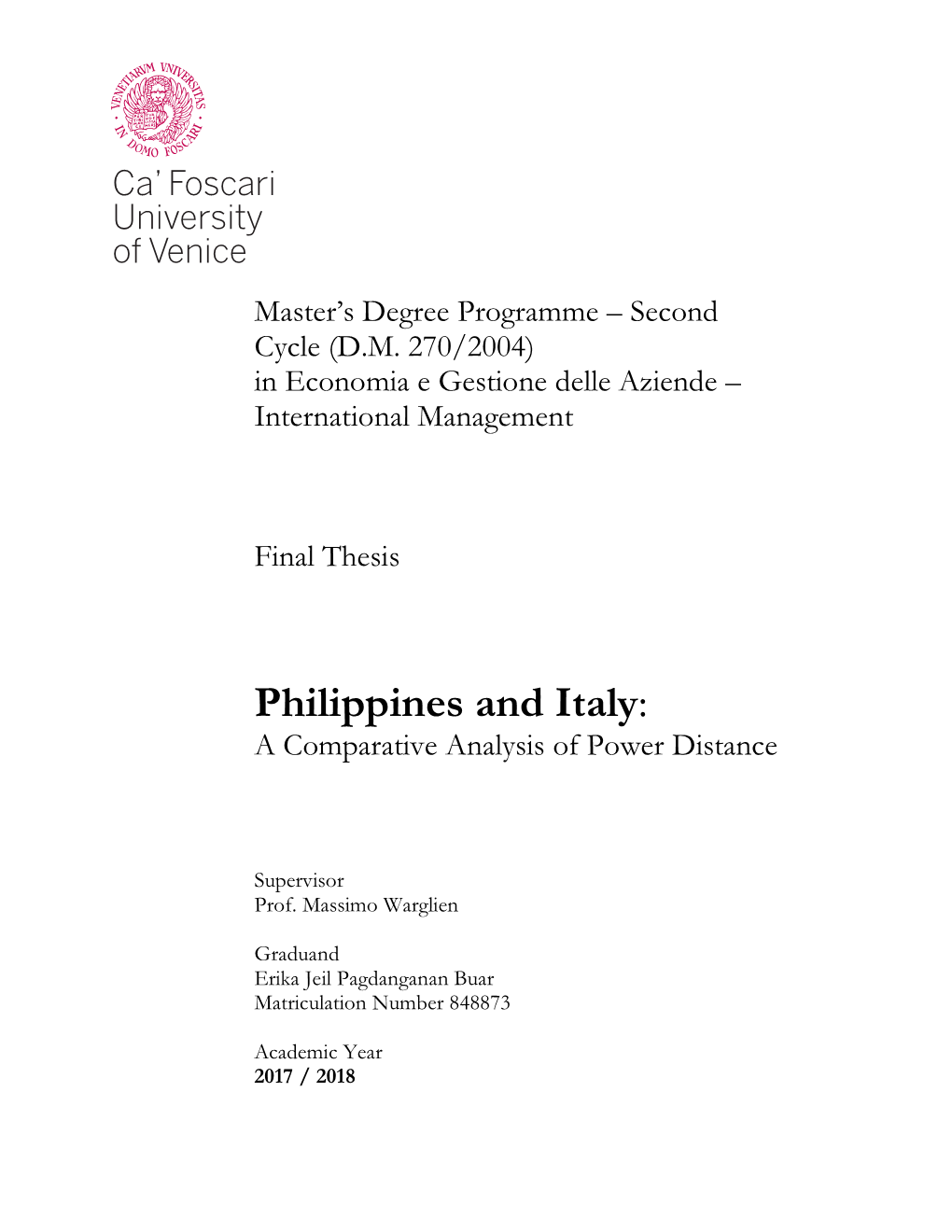 Philippines and Italy: a Comparative Analysis of Power Distance