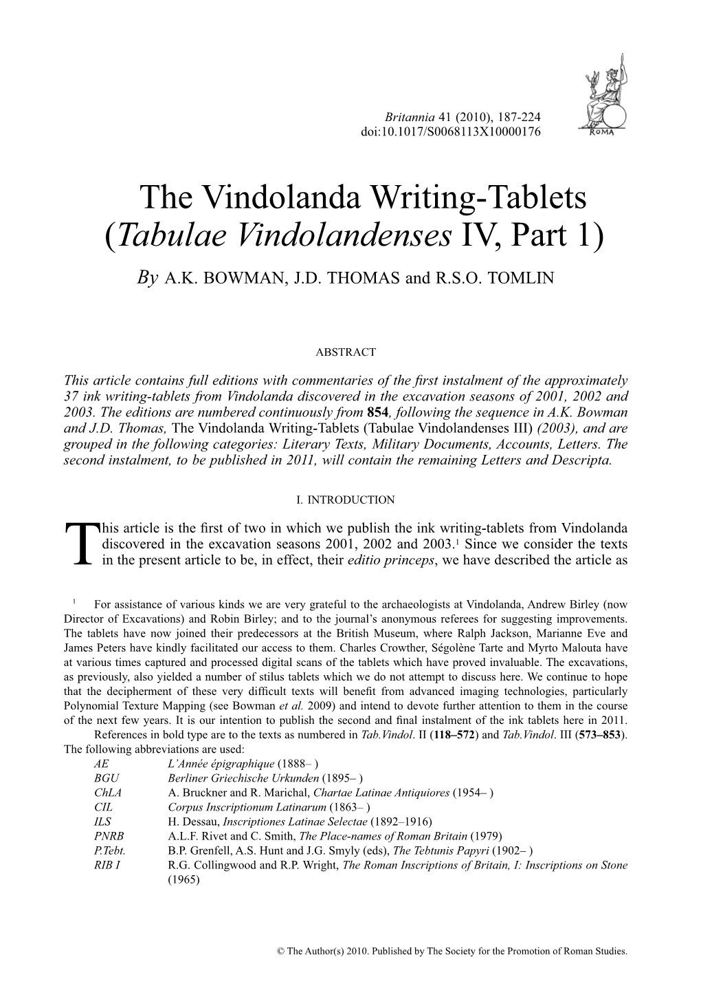 The Vindolanda Writing-Tablets A.K