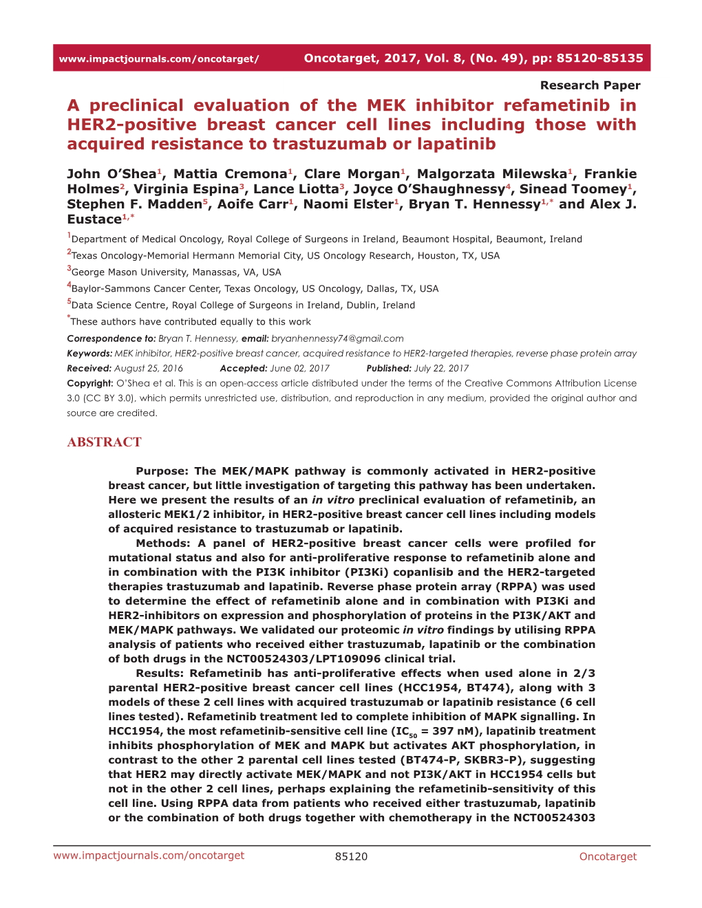 A Preclinical Evaluation of the MEK Inhibitor Refametinib in HER2