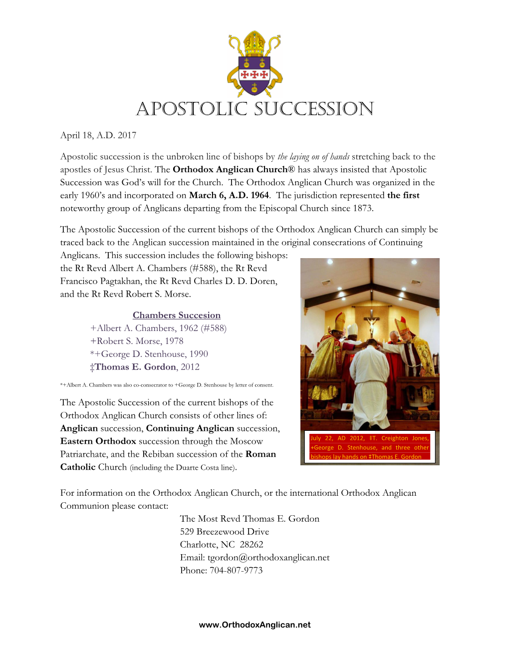 Apostolic Succession of the Orthodox Anglican Church