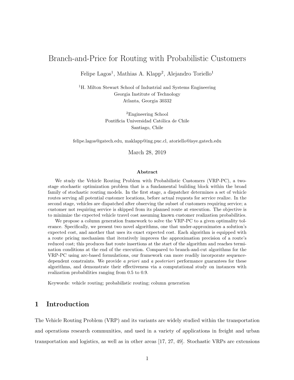 Branch-And-Price for Routing with Probabilistic Customers