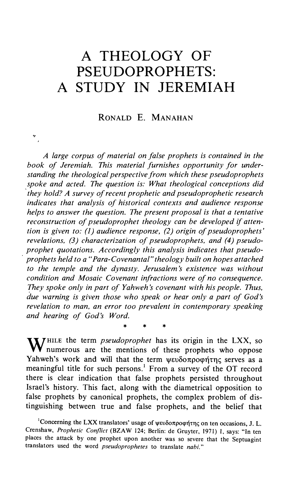 A Theology of Pseudo Prophets: a Study in Jeremiah