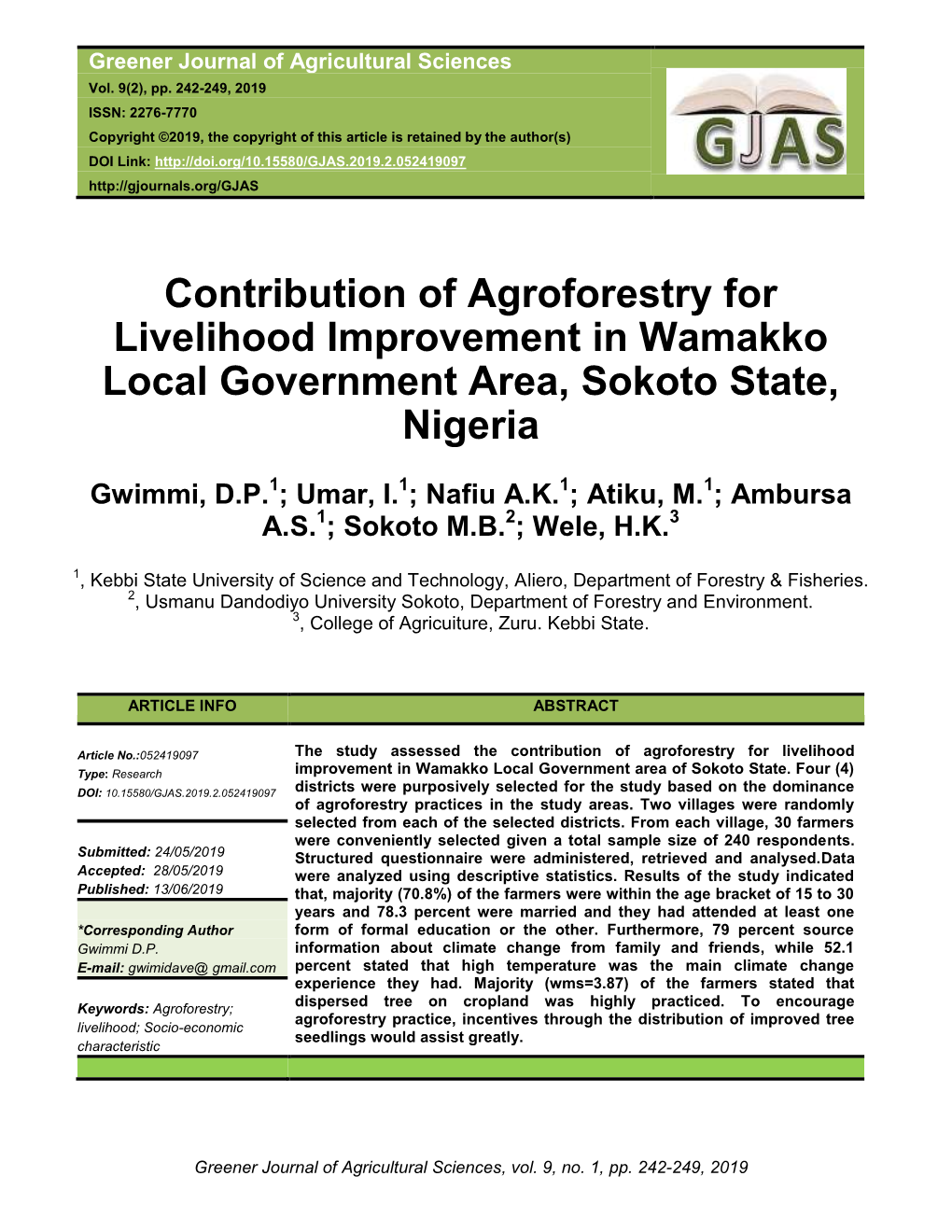 Contribution of Agroforestry for Livelihood Improvement in Wamakko Local Government Area, Sokoto State, Nigeria