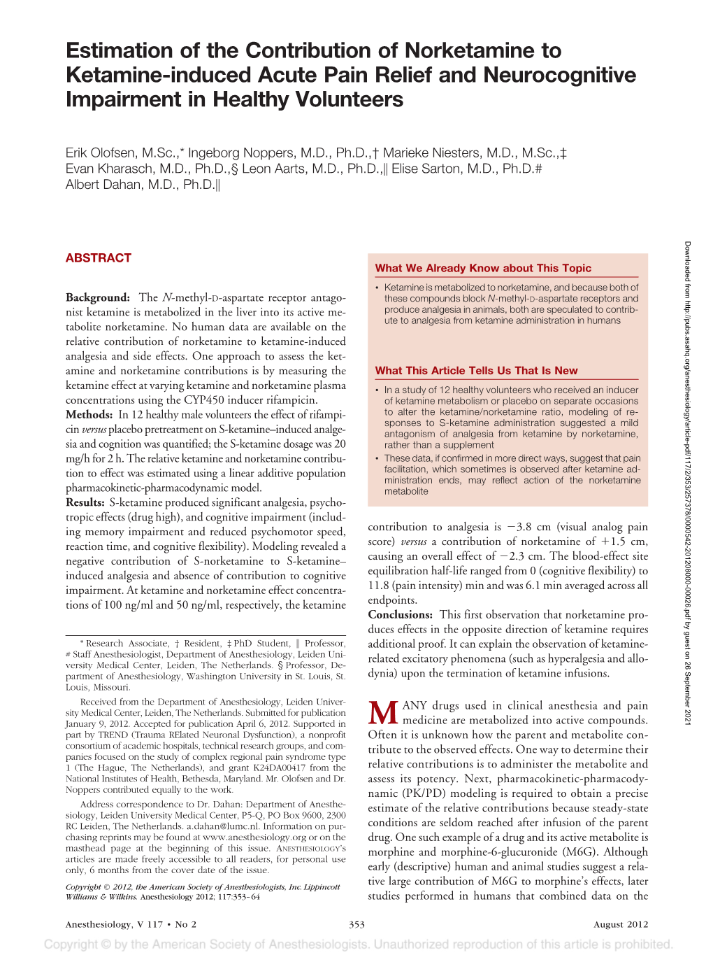 Estimation of the Contribution of Norketamine to Ketamine-Induced Acute Pain Relief and Neurocognitive Impairment in Healthy Volunteers