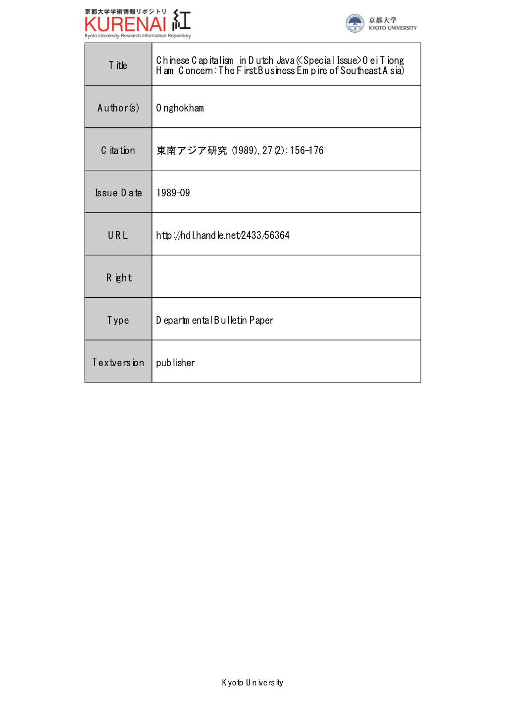 Title Chinese Capitalism in Dutch Java(&lt;Special Issue&gt;Oei Tiong