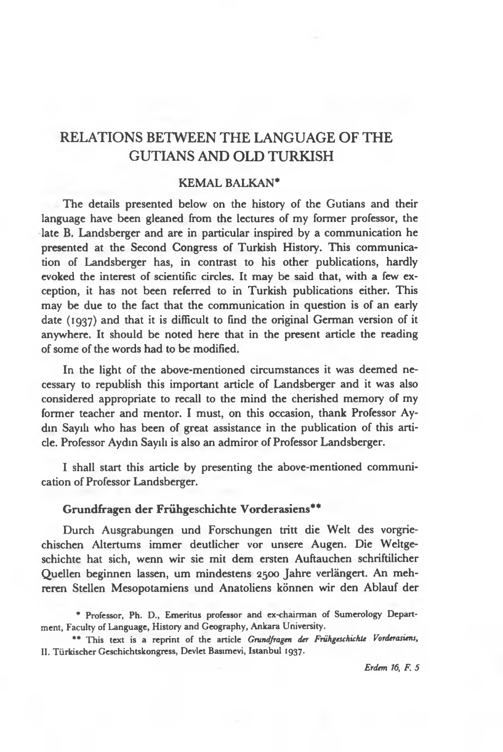 Relations Betyveen the Language of the Gutians and Old Turkish