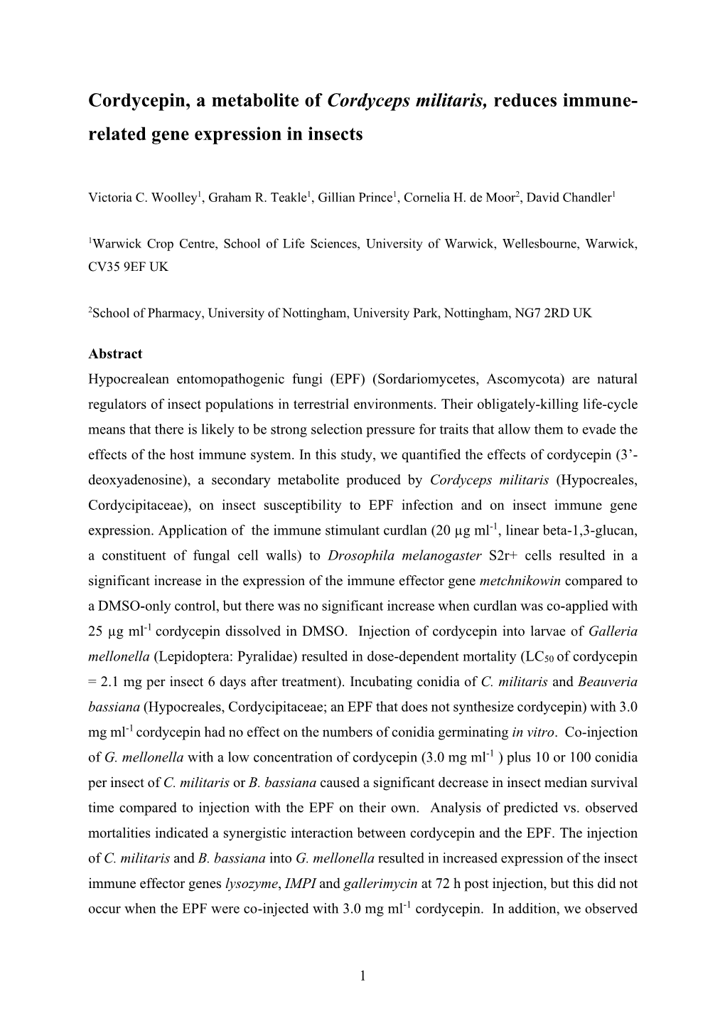 Cordycepin, a Metabolite of Cordyceps Militaris, Reduces Immune- Related Gene Expression in Insects