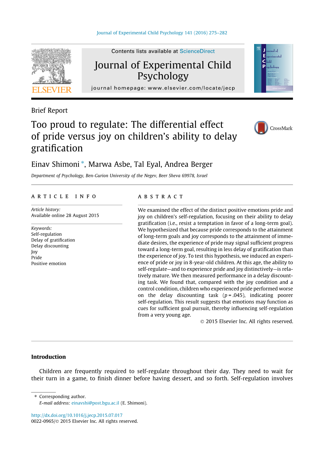 The Differential Effect of Pride Versus Joy on Childrenâ€™S Ability to Delay