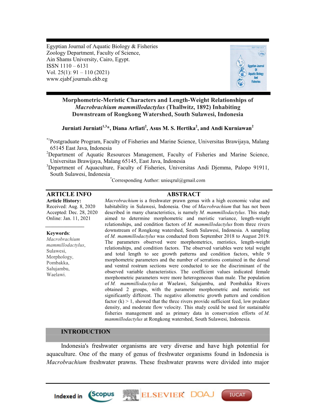 Morphometric-Meristic Characters and Length-Weight Relationships of Macrobrachium Mammillodactylus (Thallwitz, 1892) Inhabiting