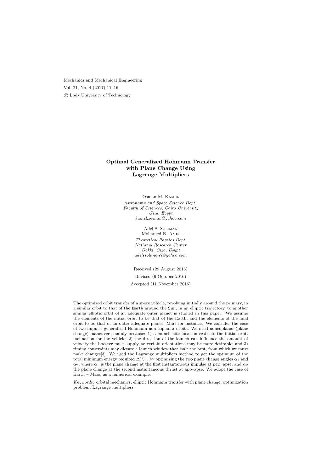 Optimal Generalized Hohmann Transfer with Plane Change Using Lagrange Multipliers