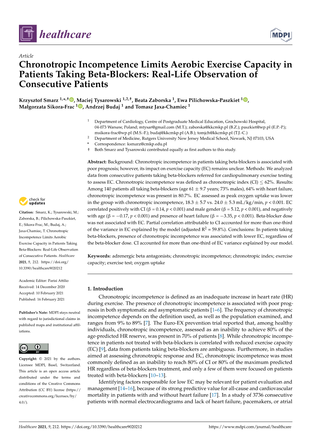 Chronotropic Incompetence Limits Aerobic Exercise Capacity in Patients Taking Beta-Blockers: Real-Life Observation of Consecutive Patients