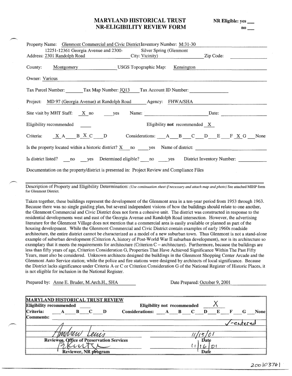 Maryland Historical Trust Nr-Eligibility Review Form