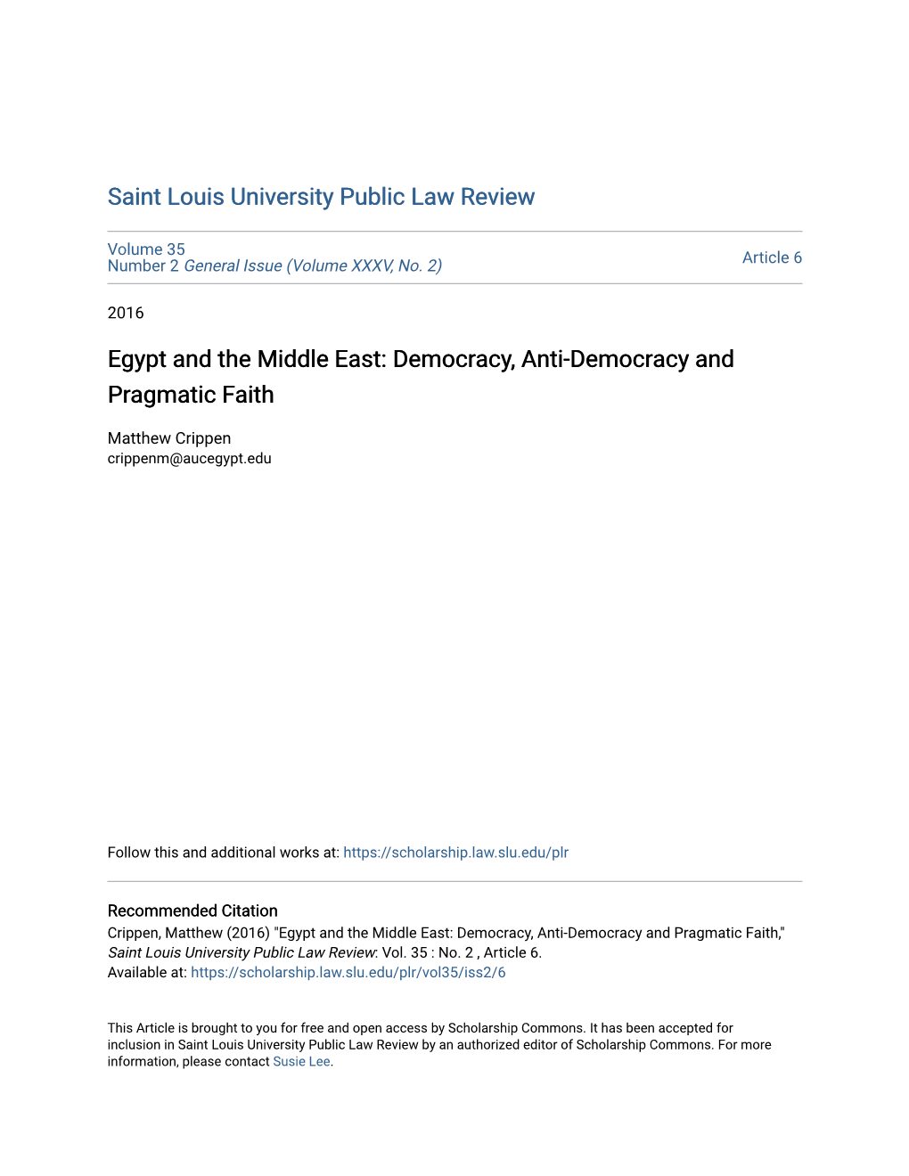 Egypt and the Middle East: Democracy, Anti-Democracy and Pragmatic Faith