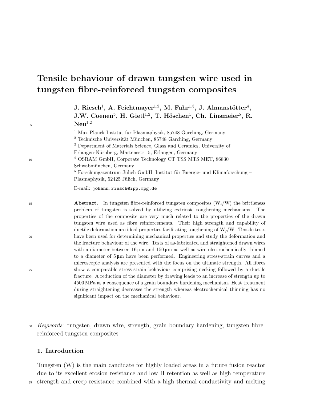 Tensile Behaviour of Drawn Tungsten Wire Used in Tungsten Fibre-Reinforced Tungsten Composites