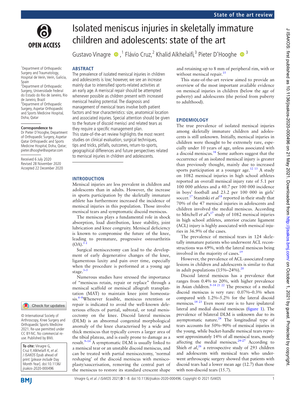 Isolated Meniscus Injuries in Skeletally Immature Children and Adolescents: State of The