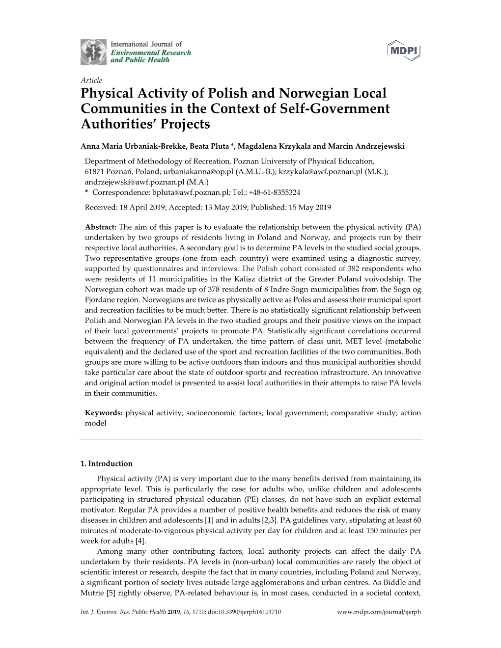 Physical Activity of Polish and Norwegian Local Communities in the Context of Self-Government Authorities’ Projects