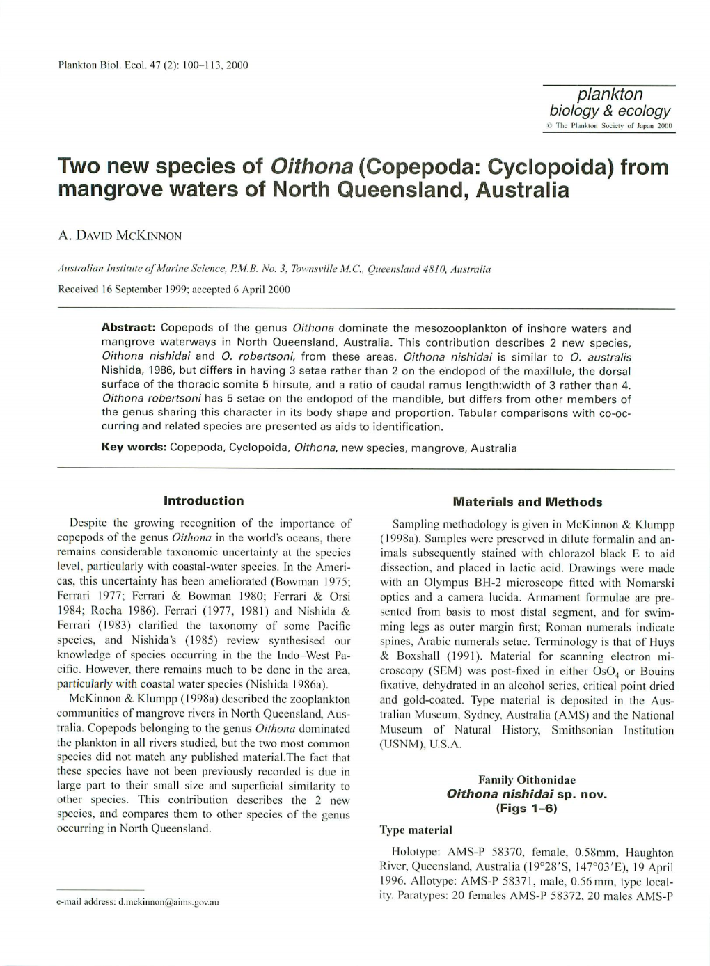 Two New Species of Oithona (Copepoda: Cyclopoida) from Mangrove Waters of North Queensland, Australia