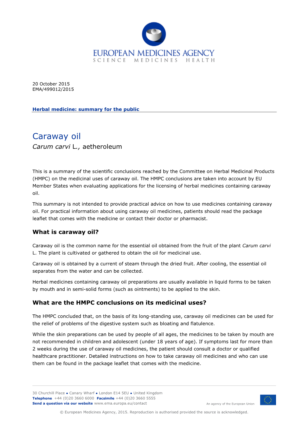 Herbal Medicine: Summary for the Public Caraway Oil, Carum Carvi L., Aetheroleum