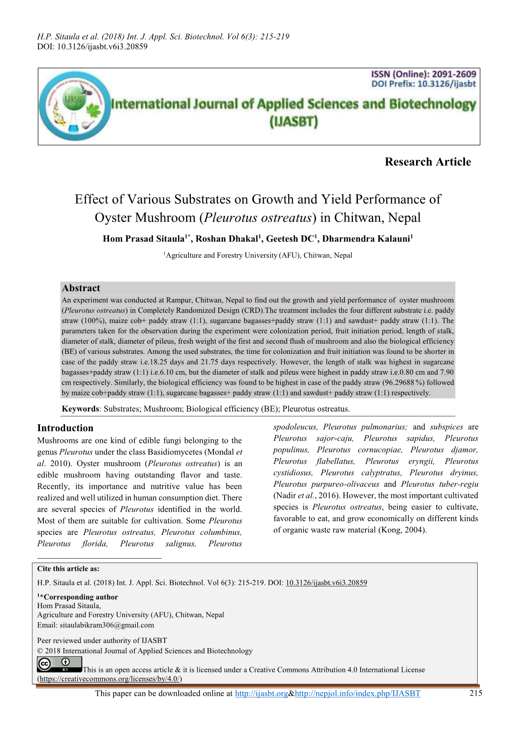 Effect of Various Substrates on Growth and Yield Performance of Oyster