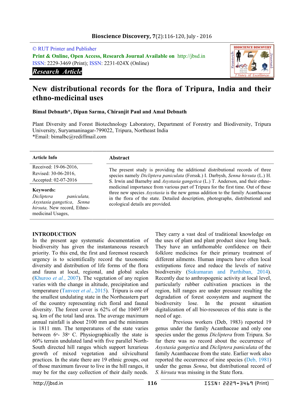 New Distributional Records for the Flora of Tripura, India and Their Ethno-Medicinal Uses