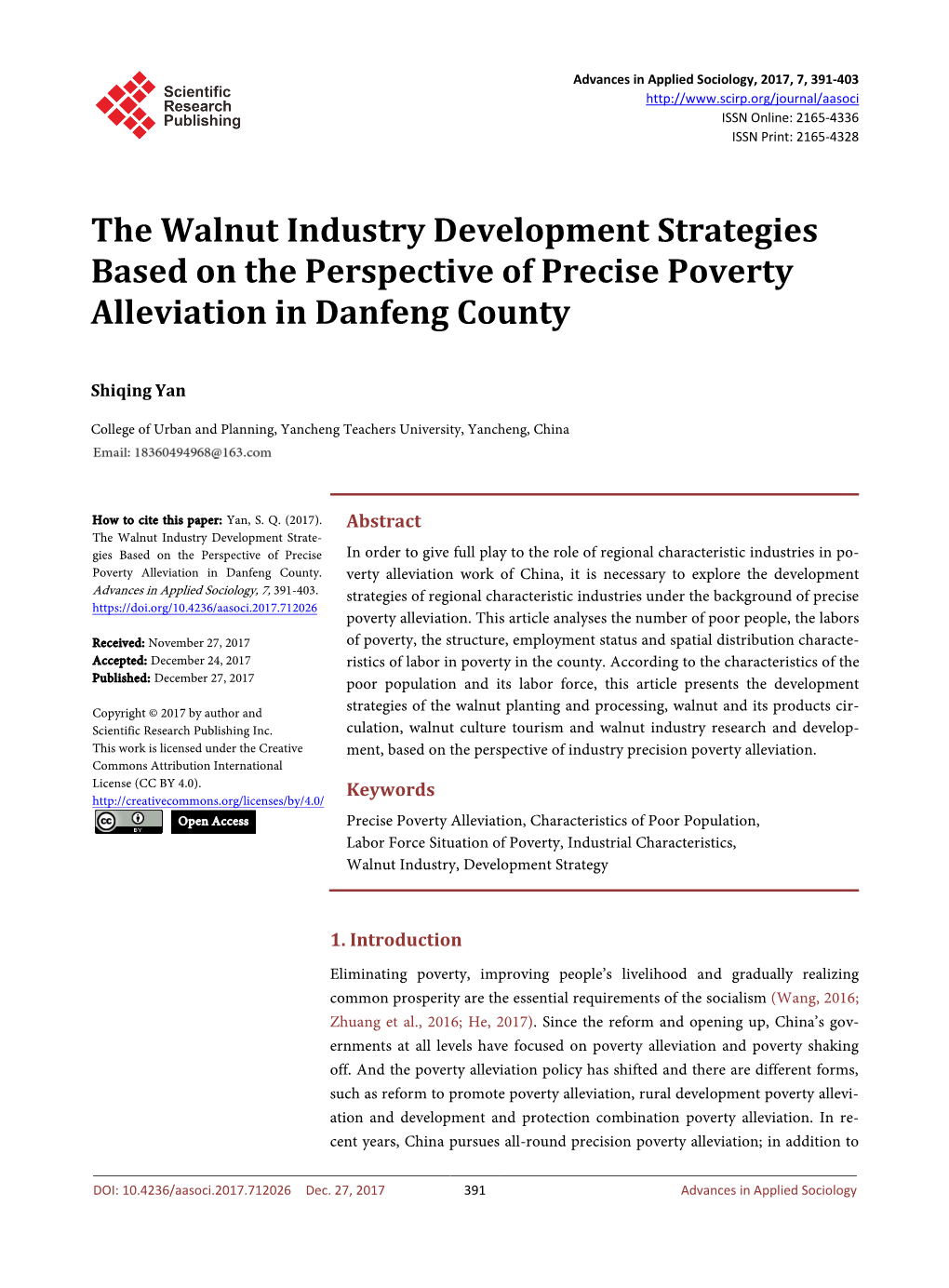 The Walnut Industry Development Strategies Based on the Perspective of Precise Poverty Alleviation in Danfeng County