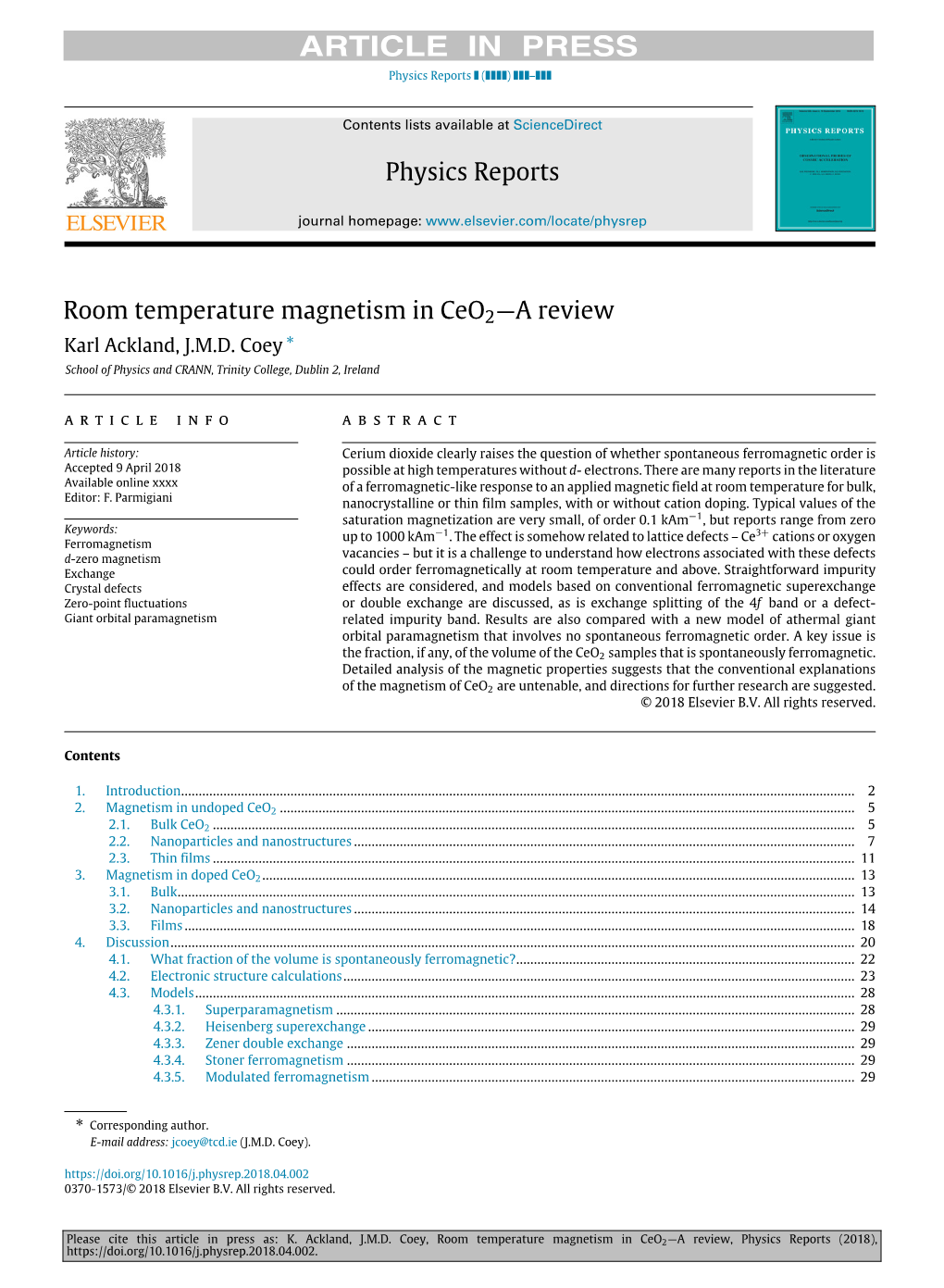 Physics Reports Room Temperature Magnetism in Ceo2—A Review