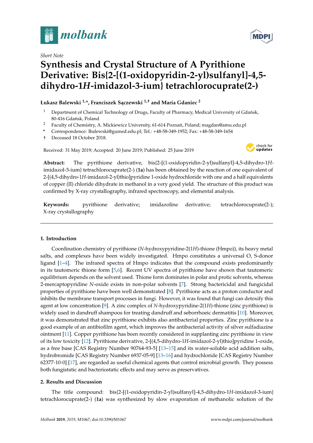 Synthesis and Crystal Structure of a Pyrithione Derivative: Bis {2-[(1