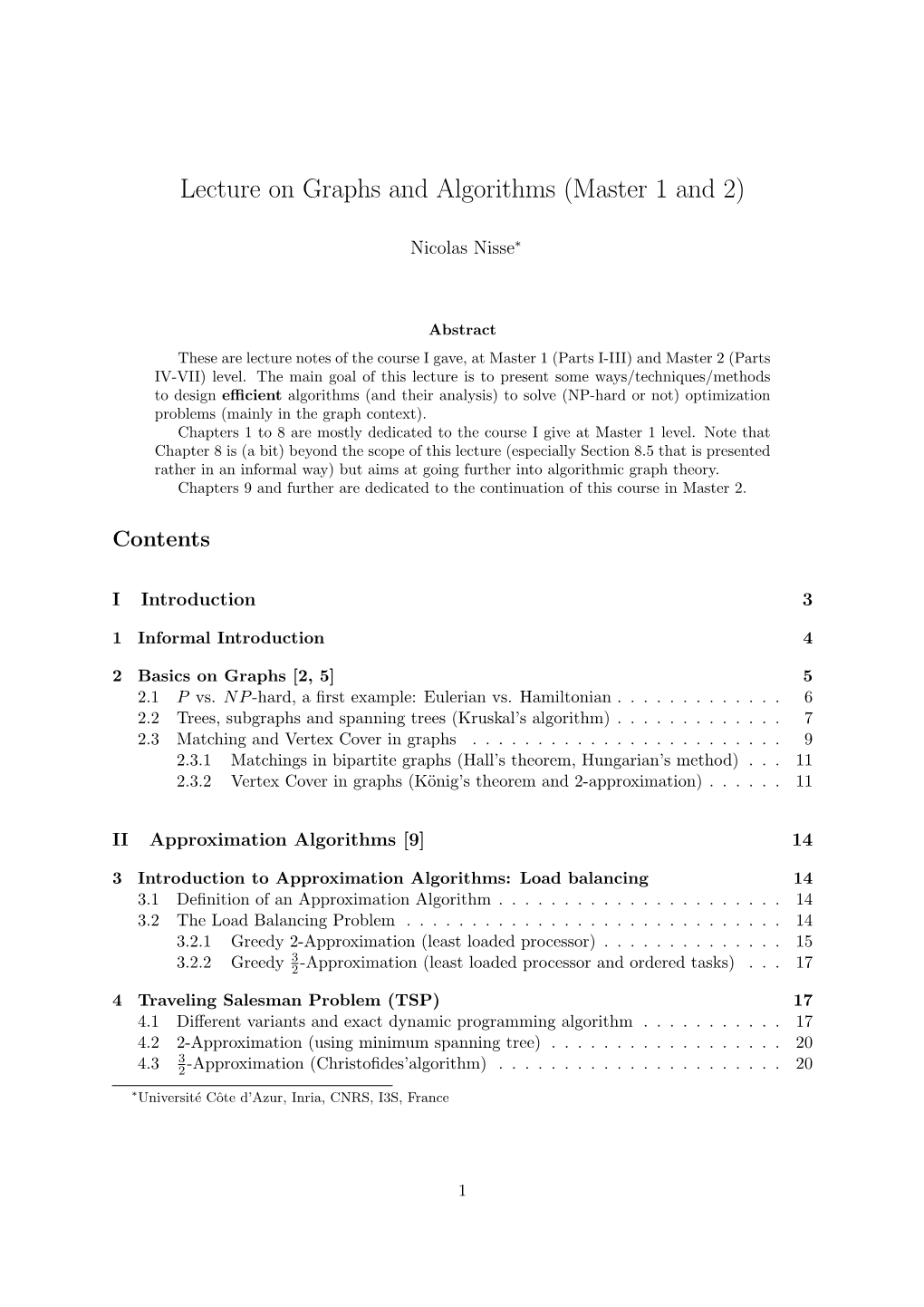 Lecture on Graphs and Algorithms (Master 1 and 2)