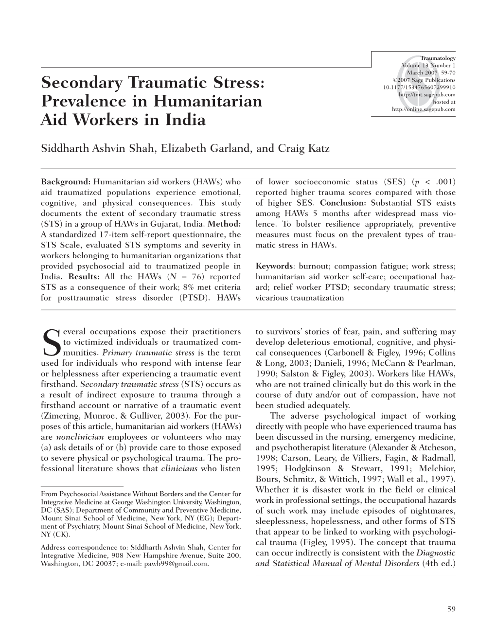 Secondary Traumatic Stress: 10.1177/1534765607299910 Hosted at Prevalence in Humanitarian Aid Workers in India