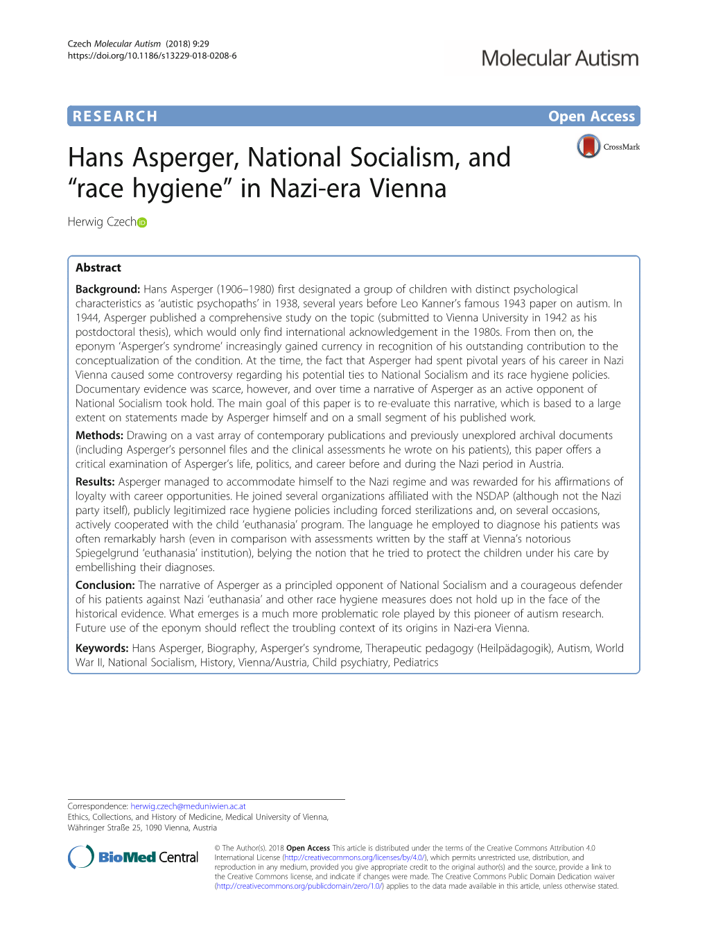 Hans Asperger, National Socialism, and “Race Hygiene” in Nazi-Era Vienna Herwig Czech