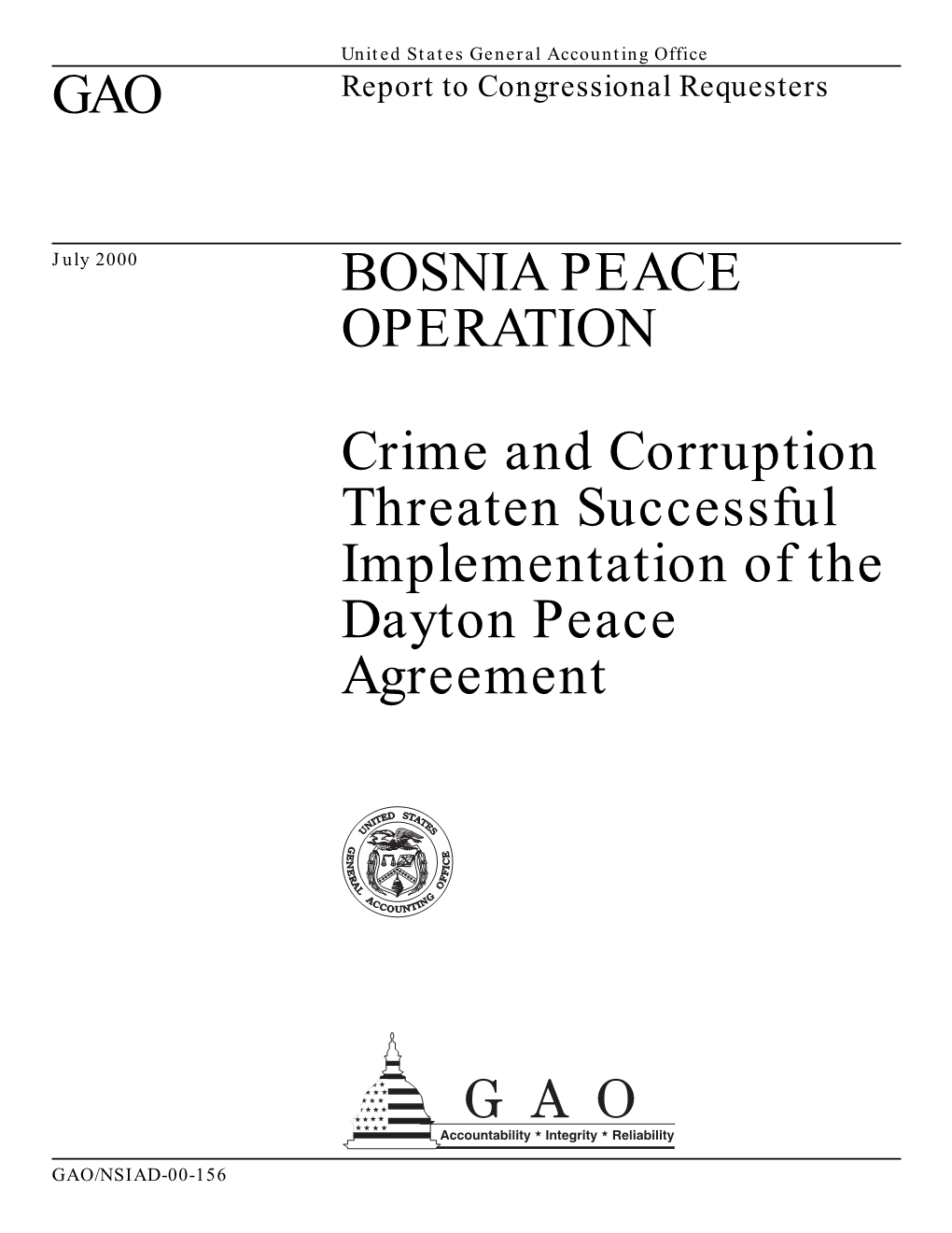 GAO BOSNIA PEACE OPERATION Crime and Corruption Threaten