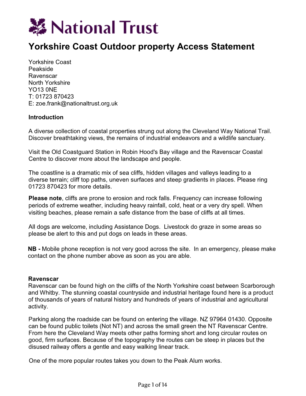 Yorkshire Coast Outdoor Property Access Statement