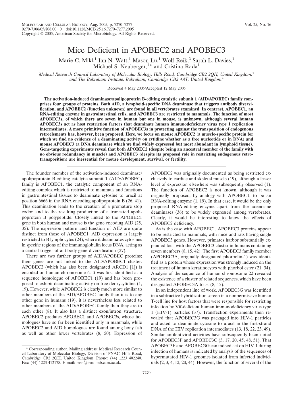 Mice Deficient in Apobec2 and Apobec3 7271