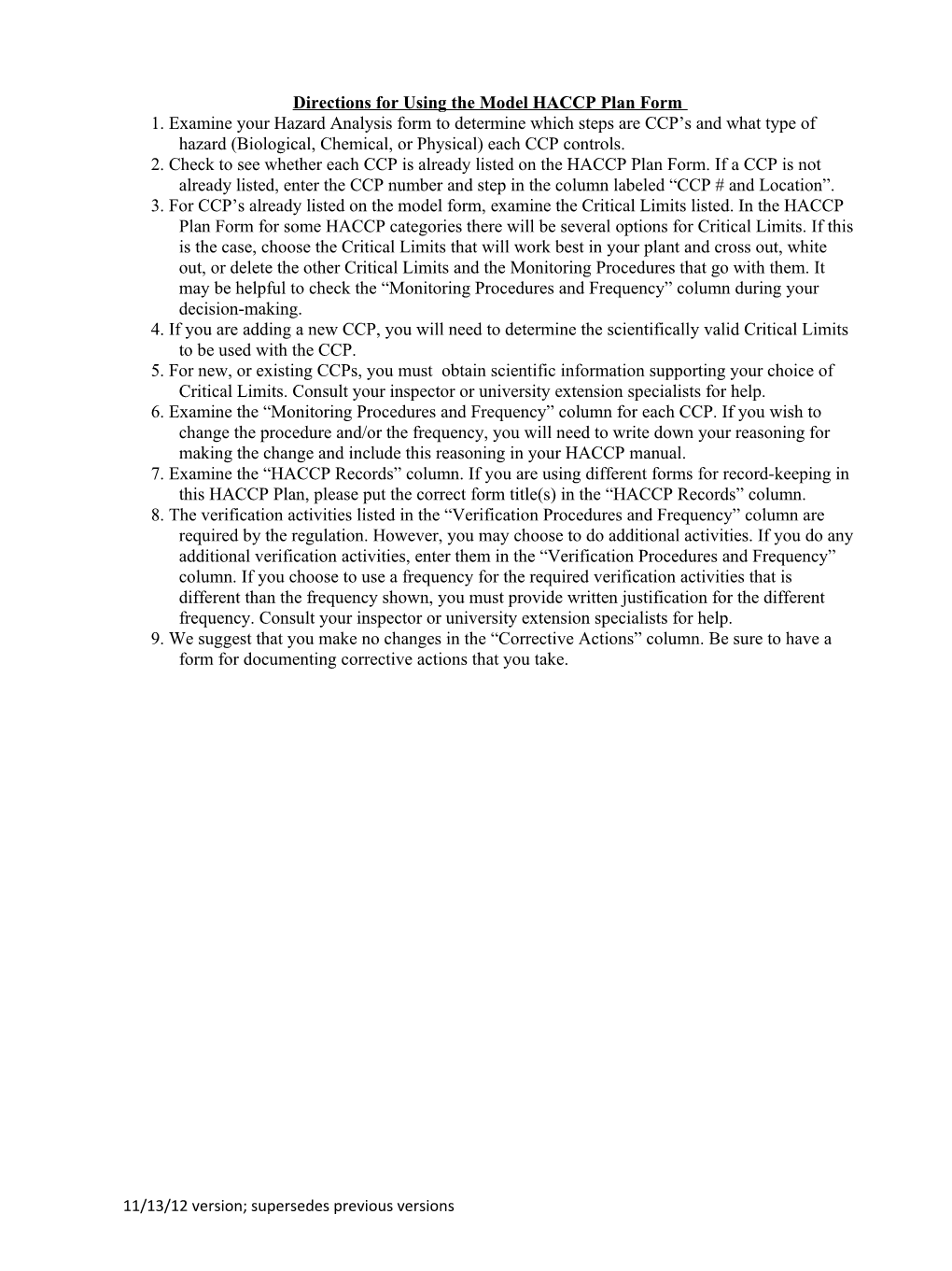 Directions for Using the Model HACCP Plan Form