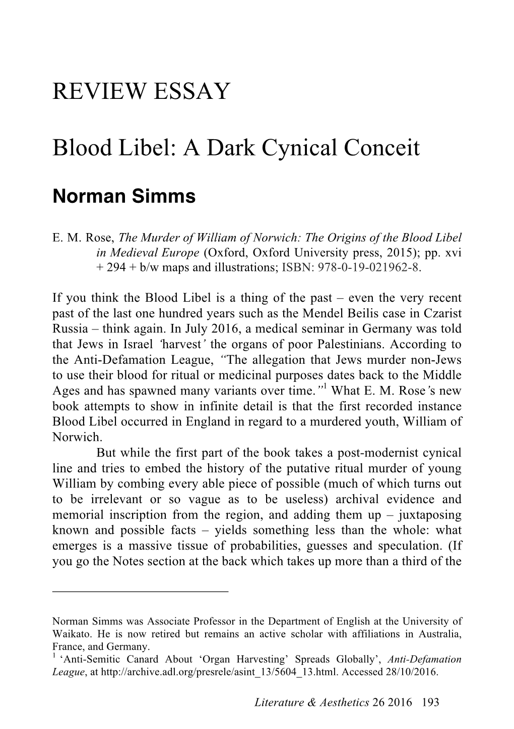 REVIEW ESSAY Blood Libel: a Dark Cynical Conceit