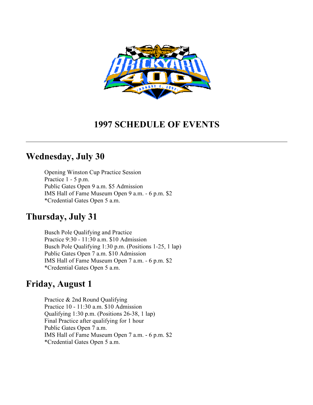 1997 Schedule of Events