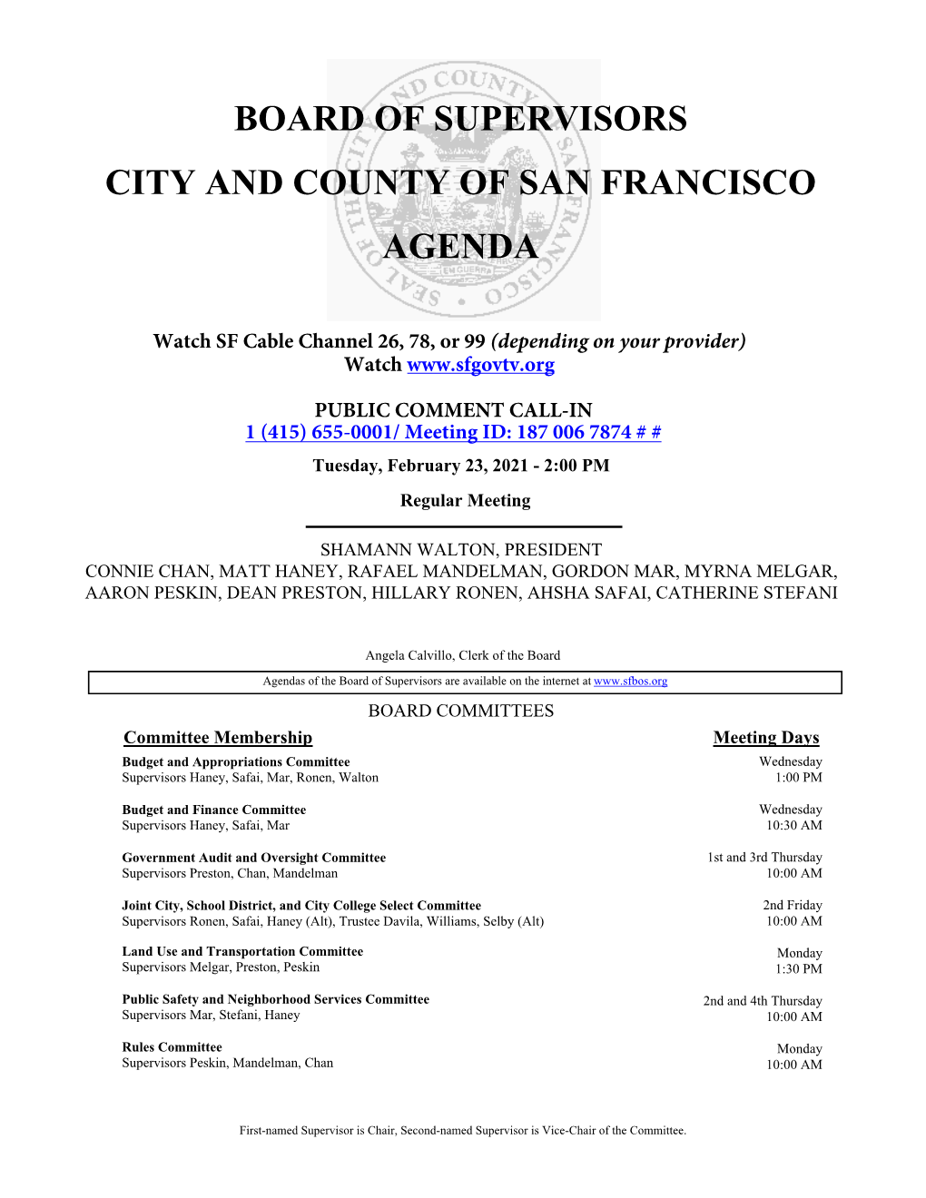 Board of Supervisors City and County of San Francisco Agenda