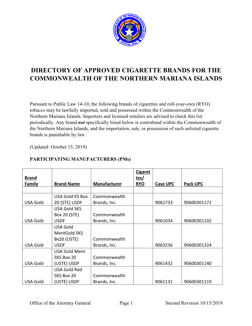 Directory of Approved Cigarette Brands for the Commonwealth of the Northern Mariana Islands