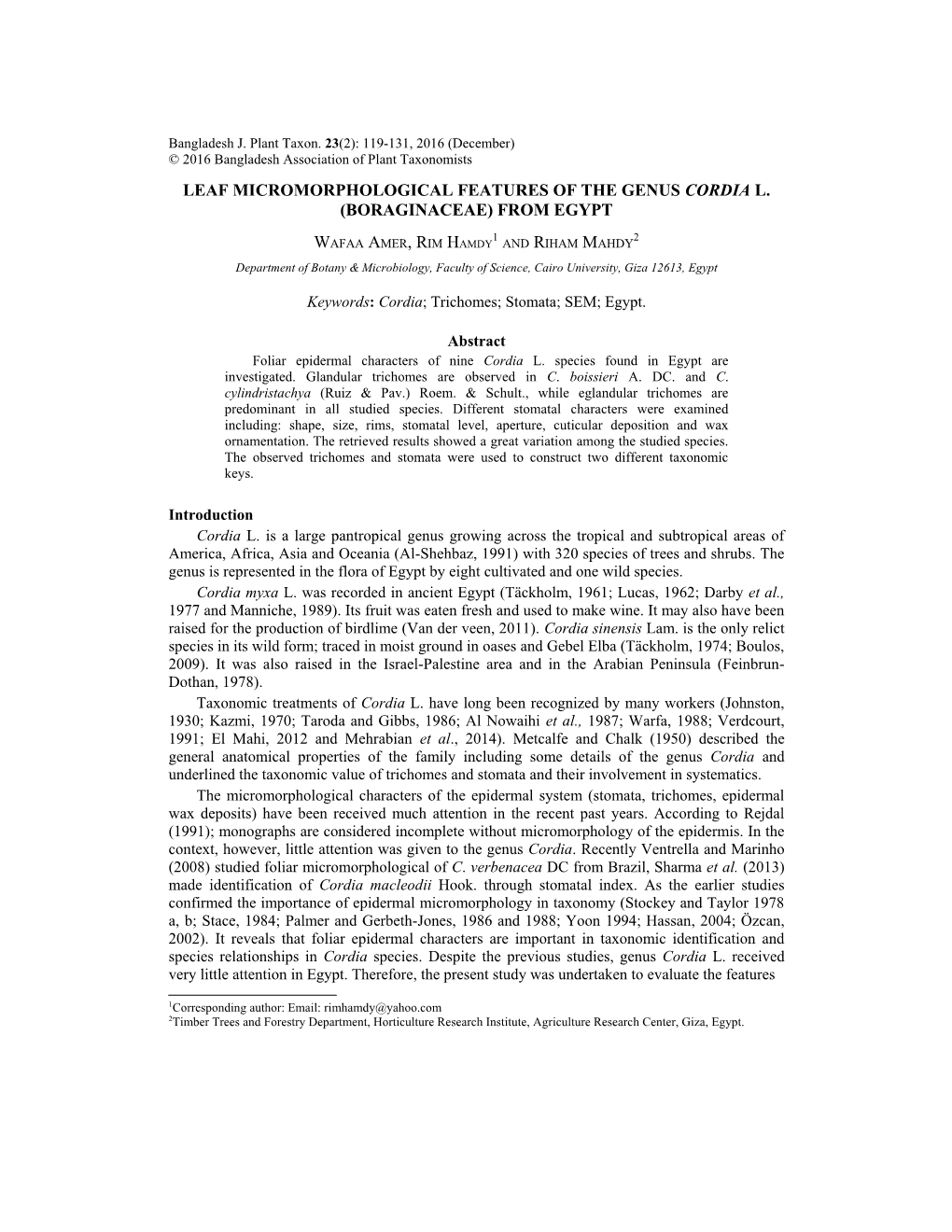 Leaf Micromorphological Features of the Genus Cordia L. (Boraginaceae) from Egypt