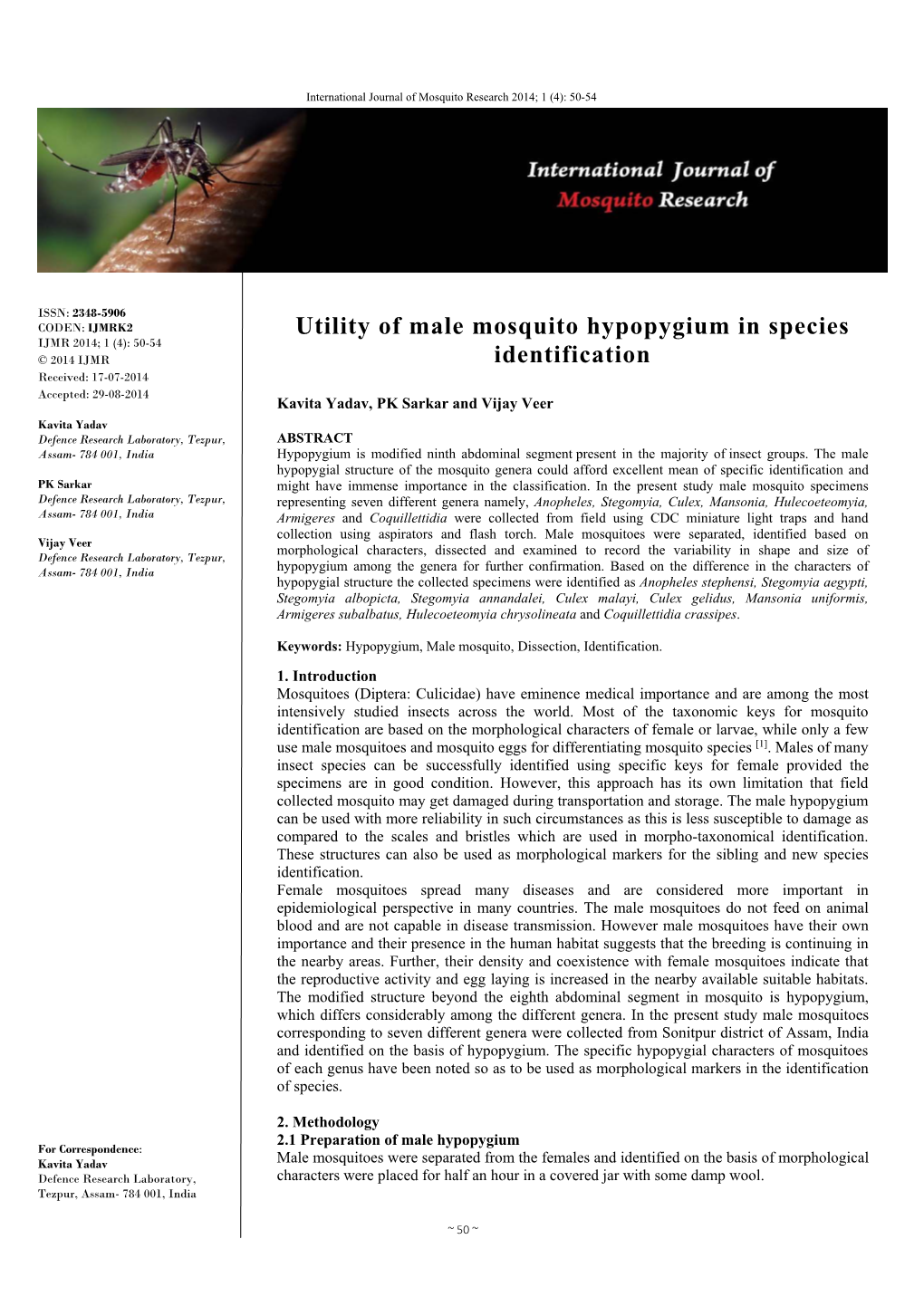 Utility of Male Mosquito Hypopygium in Species Identification