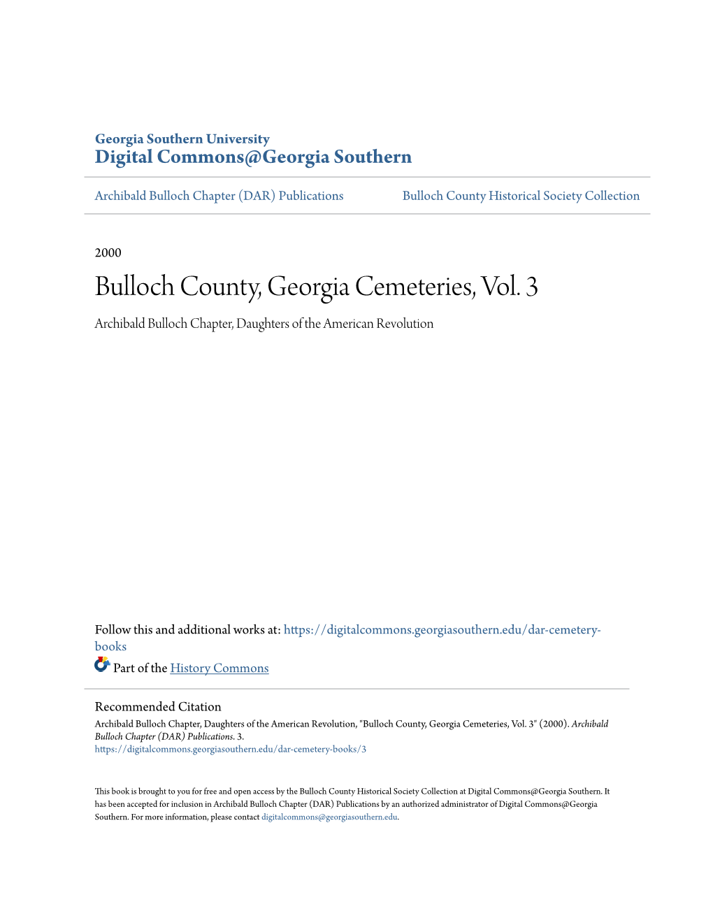 Bulloch County, Georgia Cemeteries, Vol. 3 Archibald Bulloch Chapter, Daughters of the American Revolution