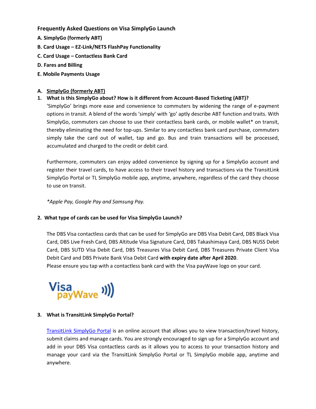 Frequently Asked Questions on Visa Simplygo Launch A