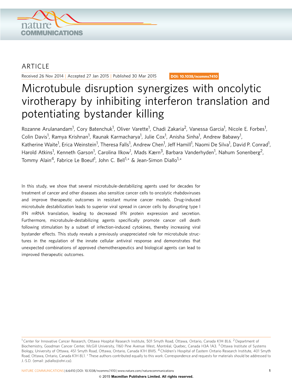 Microtubule Disruption Synergizes with Oncolytic Virotherapy by Inhibiting Interferon Translation and Potentiating Bystander Killing